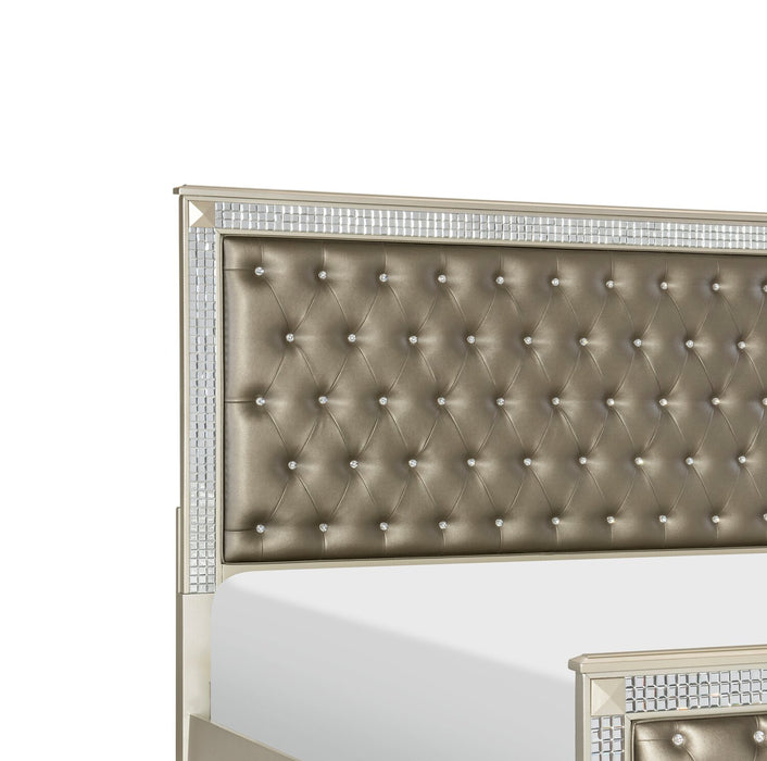 Tyra 5pc Bedroom Set with Bed, Dresser & Mirror, Glam, Vegan Leather, Champagne - King Size