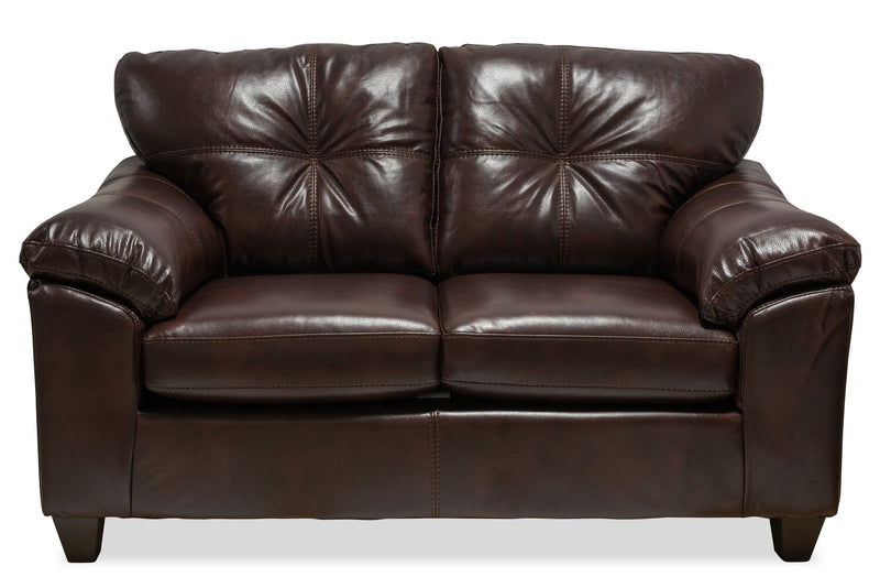 Made in Canada Addison 63\" Leather-Look Fabric Loveseat with Removable Seat Cushions and Tufting - Brown