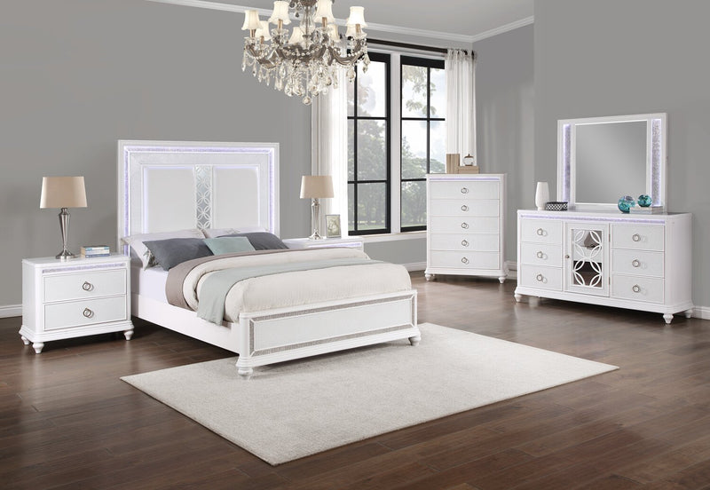Ava 5pc Bedroom Set with Bed, Dresser & Mirror, LED, Glam, White - Queen Size