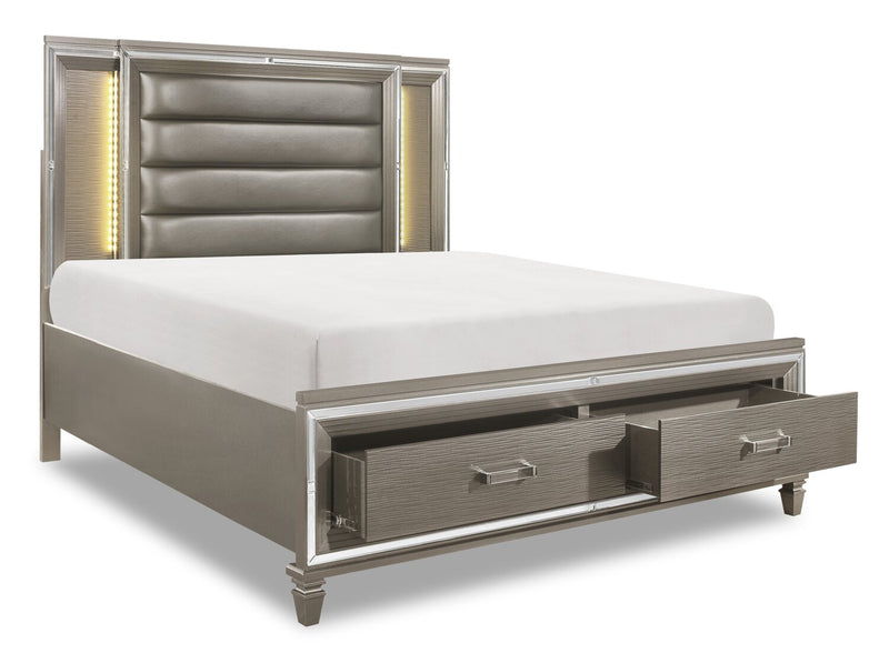 Max Platform Storage Bed with Headboard & Frame, LED, Vegan Leather, Glam, Silver - King Size