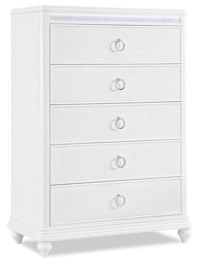 Ava Bedroom Chest of Drawers with LED Light, 5-Drawer, 40.5"W x 54.1"H, Glam - White | Commode verticale somptueuse Ava de 40,5 po (L) x 54,1 po (H) à 5 tiroirs avec éclairage à DEL pour la chambre à coucher - blanche