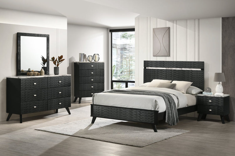 Atlas Panel Bed with Headboard & Frame, Mid-Century Modern, Black - Queen Size