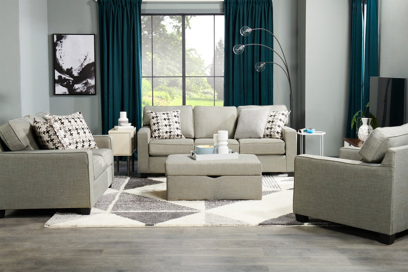 Made in Canada Sawyer 57\" Linen-Look Fabric Loveseat with Reversible Cushions and Accent Pillows - Light Grey