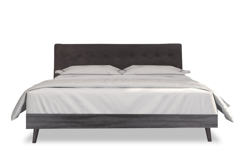 Nash Upholstered Platform Bed in Dark Grey Fabric, Button Tufted - King Size