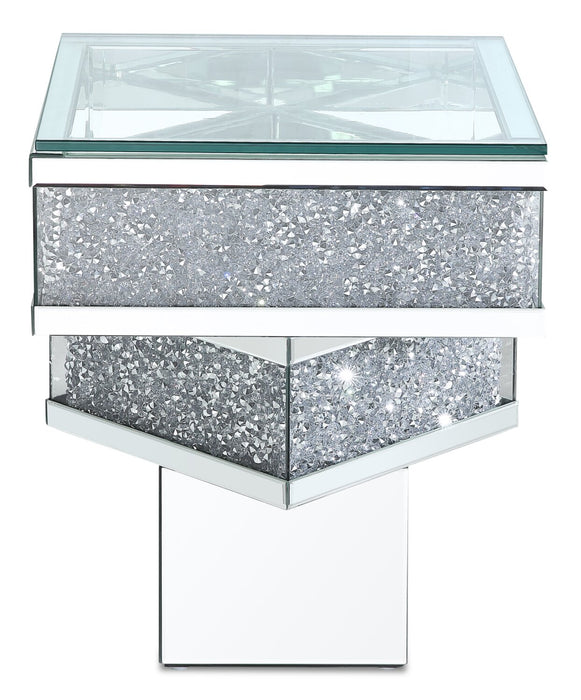Rosie 20\" Glam Mirror & Glass Top End Table - Silver Metal with Diamond Look Legs