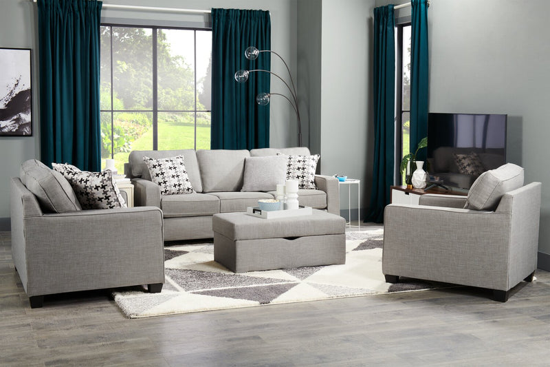 Made in Canada Sawyer 57\" Linen-Look Fabric Loveseat with Reversible Cushions and Accent Pillows - Light Grey