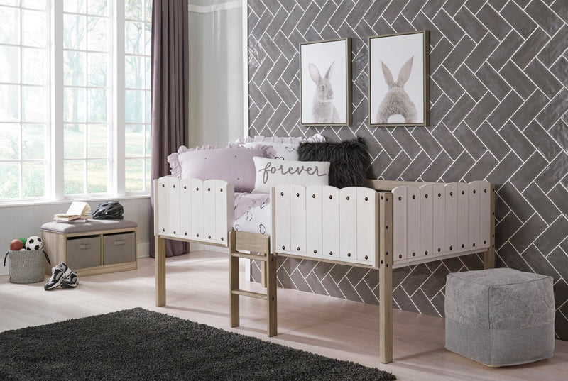 Ryan Loft Bed with Guardrail & Ladder for Kids, White & Natural - Twin Size