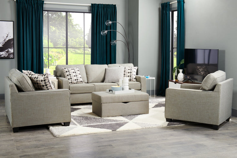 Made in Canada Sawyer 57\" Linen-Look Fabric Loveseat with Reversible Cushions and Accent Pillows - Light Grey
