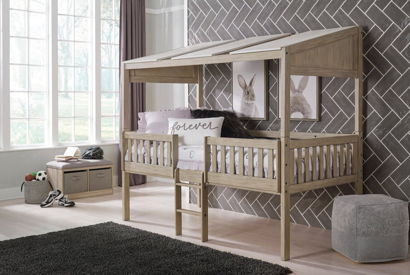 Colt Loft Bed with Roof, Guardrail & Ladder for Kids, Natural - Twin Size