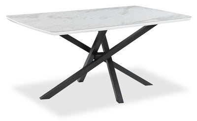 Bari Dining Table with Marble-Look Ceramic Top, Metal, Geometric Base, 63"W - White | Table de salle à manger Bari de 63 po (L) avec dessus en céramique d’apparence marbre et base géométrique en métal - blanche