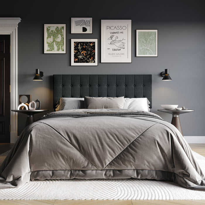 Ellis Upholstered Headboard in Charcoal Fabric, Button Tufted - Queen Size