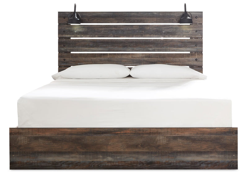 Abby Panel Bed with Headboard & Frame, LED, USB, Brown - King Size