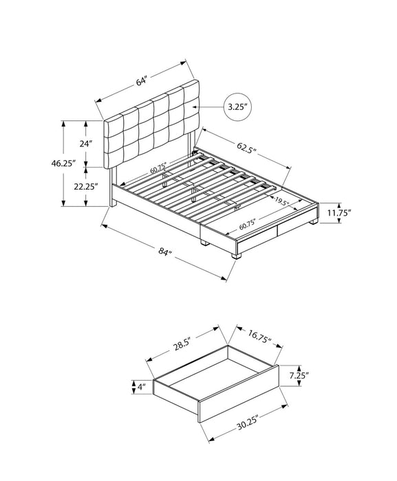 Minka Upholstered Storage Platform Bed in Grey Fabric, Tufted - Queen Size