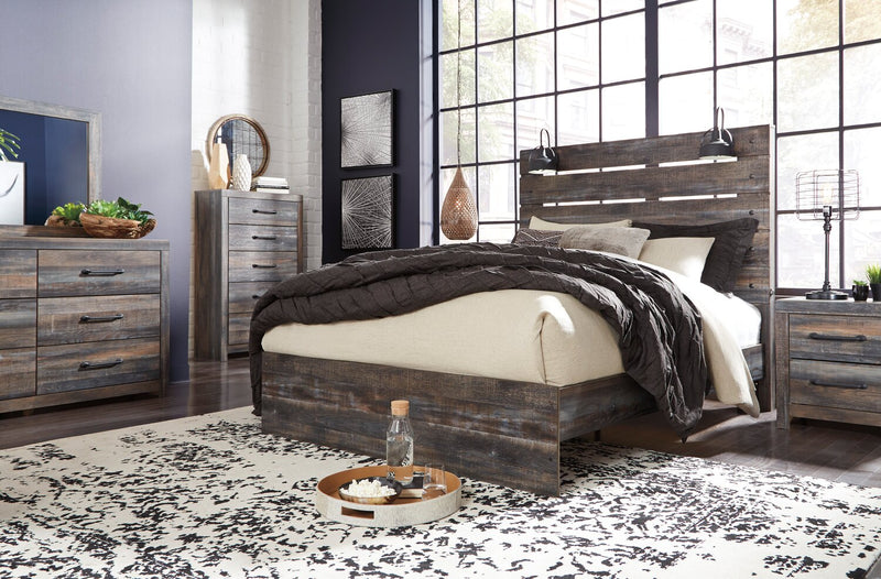 Abby Panel Bed with Headboard & Frame, LED, USB, Brown - Queen Size