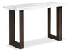 Silvia 48\" Modern Sofa Table - White and Grey Marble Look with Brown Wood Legs