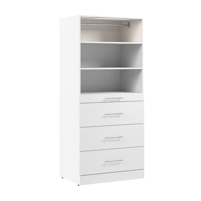 Bestar Florence 36" Modular Reach-In/Walk-In Closet System Tower with LED Light, Shelves and 4 Drawe|Système de tour garde-robe et pièce-penderie modulaire Florence de Bestar de 36 po avec éclairage à