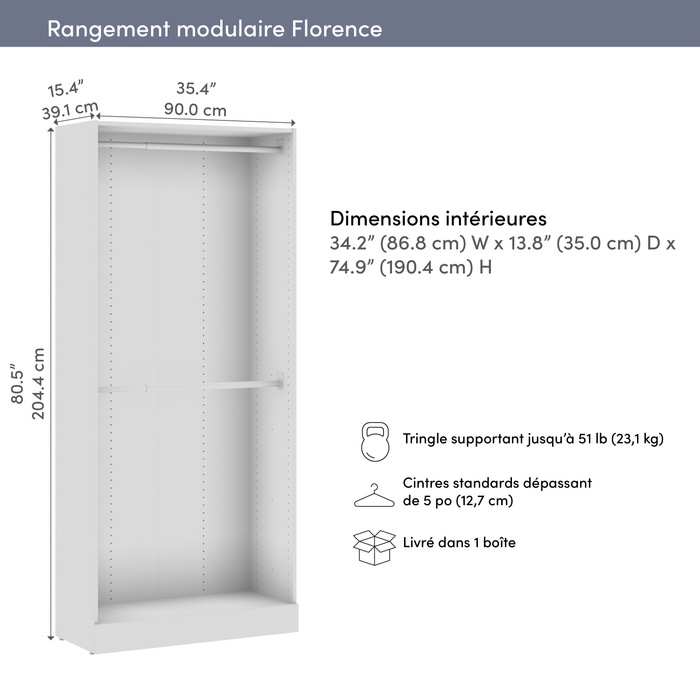 Bestar Florence 35\" Modular Double Hanging Closet System - White