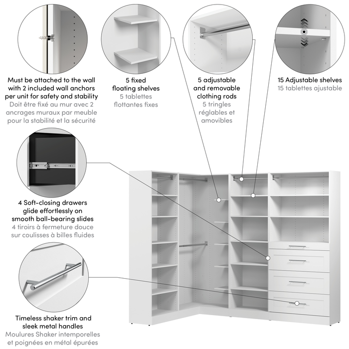 Bestar Florence 95\" Modular L-Shaped Walk-In Closet System with Rods, Shelves and Drawers Shaker Style - White