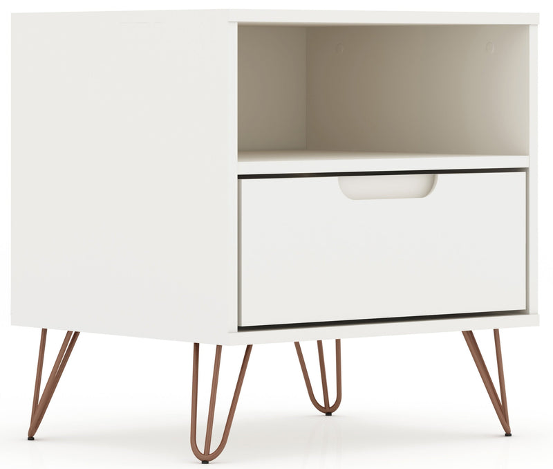 Manhattan Comfort Rockefeller Mid-Century Modern Nightstand with Drawer - White