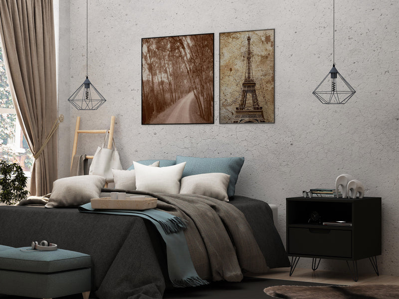 Manhattan Comfort Rockefeller Mid-Century Modern Nightstand with Drawer - Black