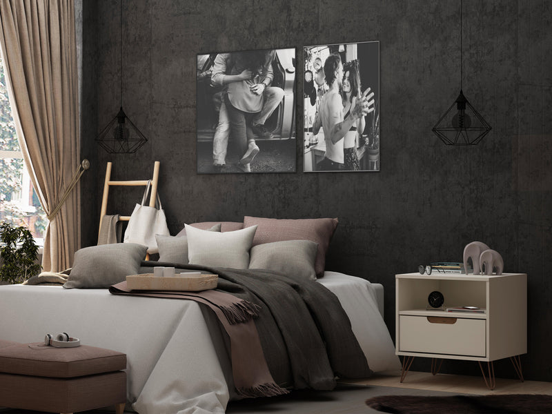 Manhattan Comfort Rockefeller Mid-Century Modern Nightstand with Drawer - Off White & Natural