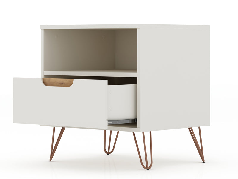 Manhattan Comfort Rockefeller Mid-Century Modern Nightstand with Drawer - Off White & Natural