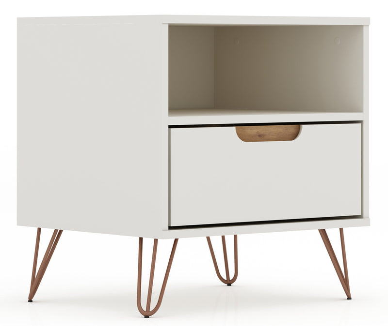 Manhattan Comfort Rockefeller Mid-Century Modern Nightstand with Drawer - Off White & Natural