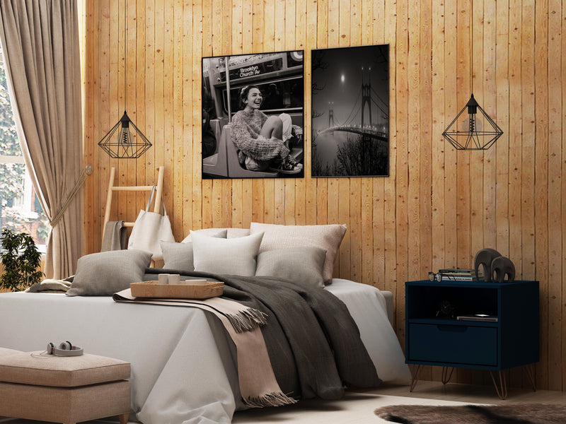 Manhattan Comfort Rockefeller Mid-Century Modern Nightstand with Drawer - Tatiana Midnight Blue