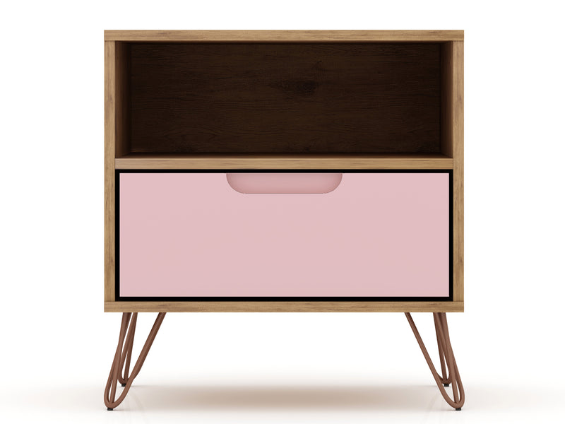 Manhattan Comfort Rockefeller Mid-Century Modern Nightstand with Drawer - Natural & Rose Pink
