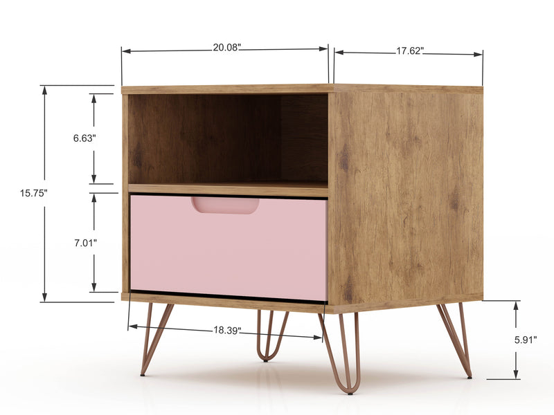 Manhattan Comfort Rockefeller Mid-Century Modern Nightstand with Drawer - Natural & Rose Pink