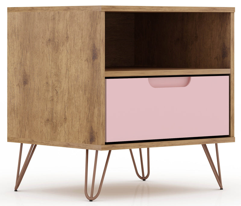 Manhattan Comfort Rockefeller Mid-Century Modern Nightstand with Drawer - Natural & Rose Pink