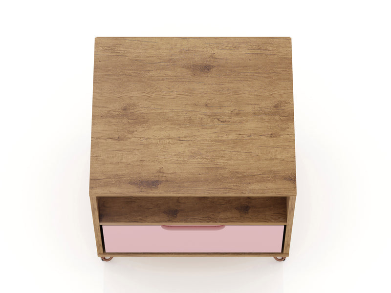 Manhattan Comfort Rockefeller Mid-Century Modern Nightstand with Drawer - Natural & Rose Pink
