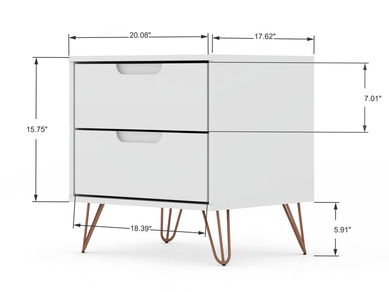 Manhattan Comfort Rockefeller Mid-Century Modern Nightstand with 2 Drawers - White
