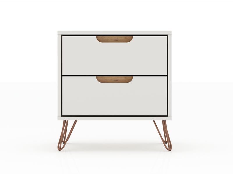 Manhattan Comfort Rockefeller Mid-Century Modern Nightstand with 2 Drawers - Off White & Natural