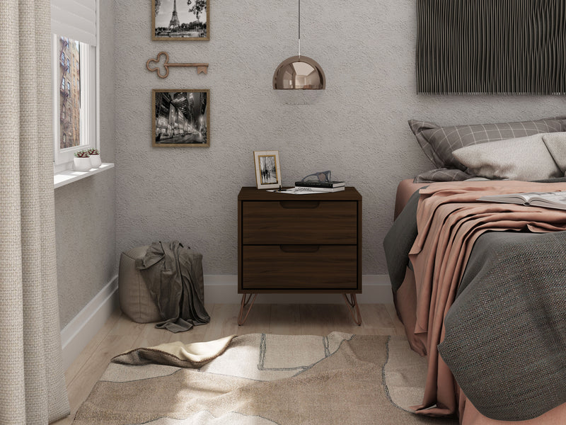 Manhattan Comfort Rockefeller Mid-Century Modern Nightstand with 2 Drawers - Brown