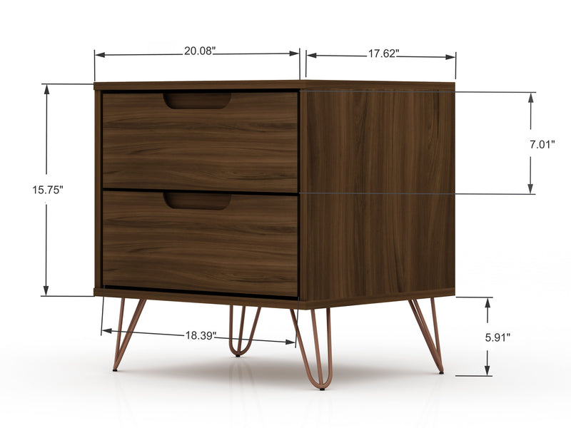 Manhattan Comfort Rockefeller Mid-Century Modern Nightstand with 2 Drawers - Brown