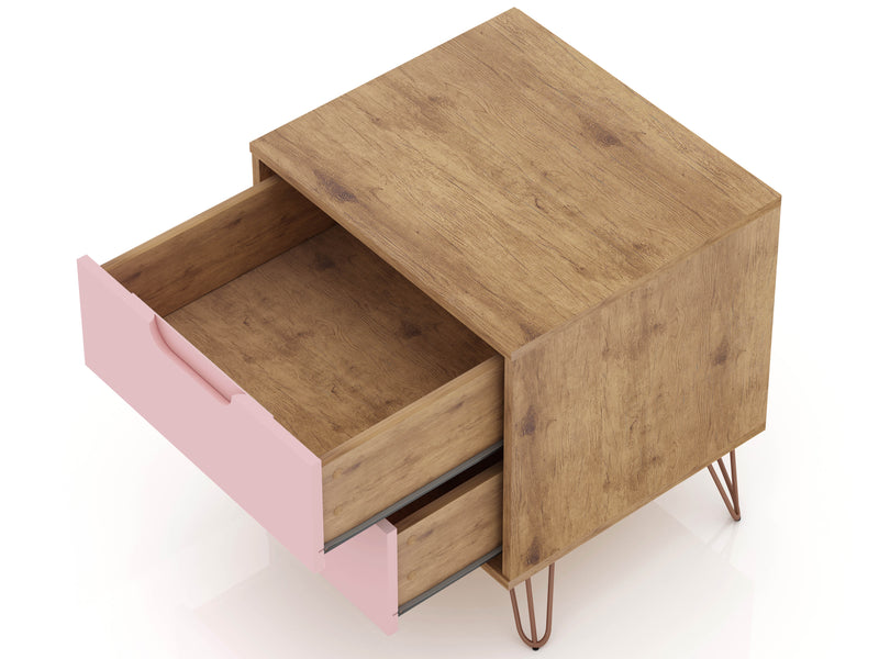 Manhattan Comfort Rockefeller Mid-Century Modern Nightstand with 2-Drawers - Natural & Rose Pink
