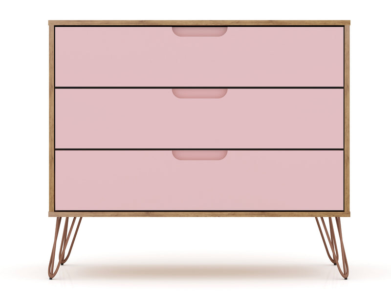 Manhattan Comfort Rockefeller Mid-Century Modern Dresser with 3-Drawers - Natural & Rose Pink