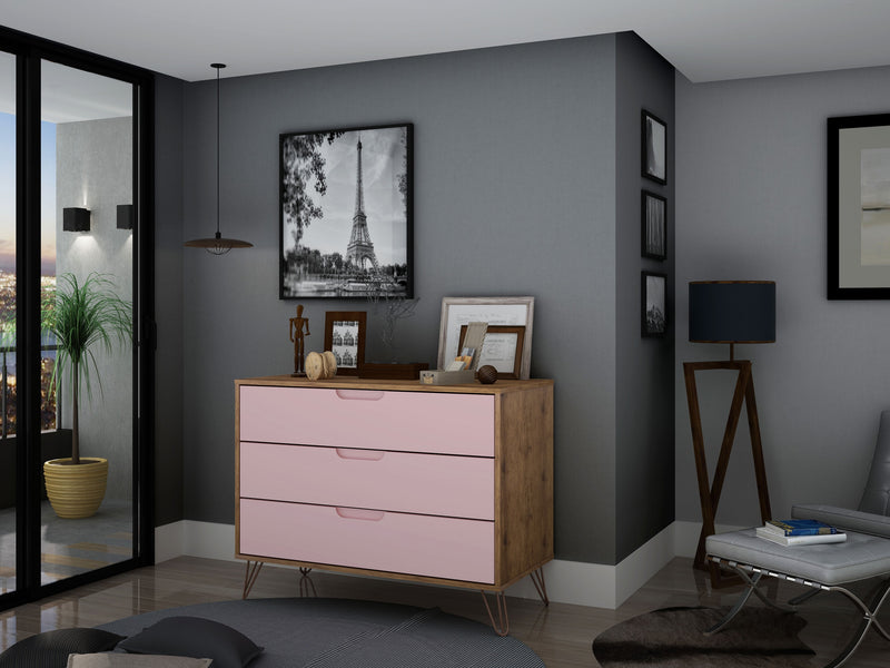 Manhattan Comfort Rockefeller Mid-Century Modern Dresser with 3-Drawers - Natural & Rose Pink