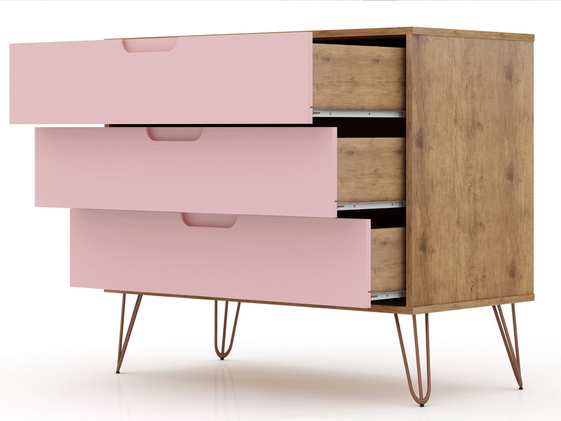 Manhattan Comfort Rockefeller Mid-Century Modern Dresser with 3-Drawers - Natural & Rose Pink