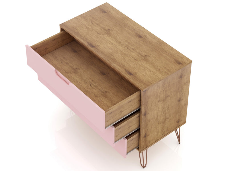 Manhattan Comfort Rockefeller Mid-Century Modern Dresser with 3-Drawers - Natural & Rose Pink