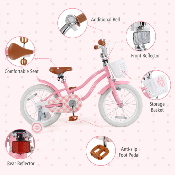 Costway 16\" Kids Bike Toddler Adjustable Bicycle With Training Wheel For 4-7 Years Old Girl Pink