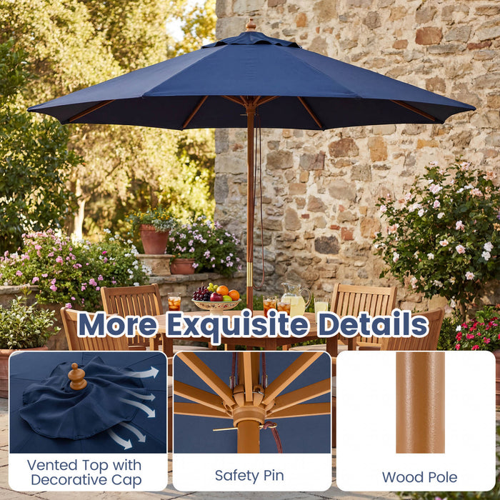 Costway 9 FT Patio Umbrella with Adjustable Height. Rope Pulley Lift. Vented Top for Beach Navy Blue