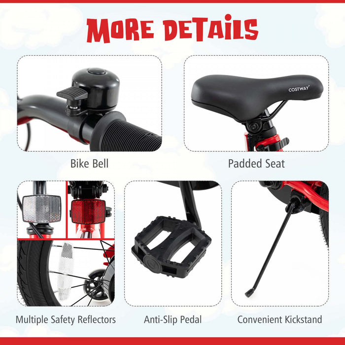 Costway 18\" Led Lighted Kids Bike With Adjustable Seat Coaster Brake Training Wheels Red