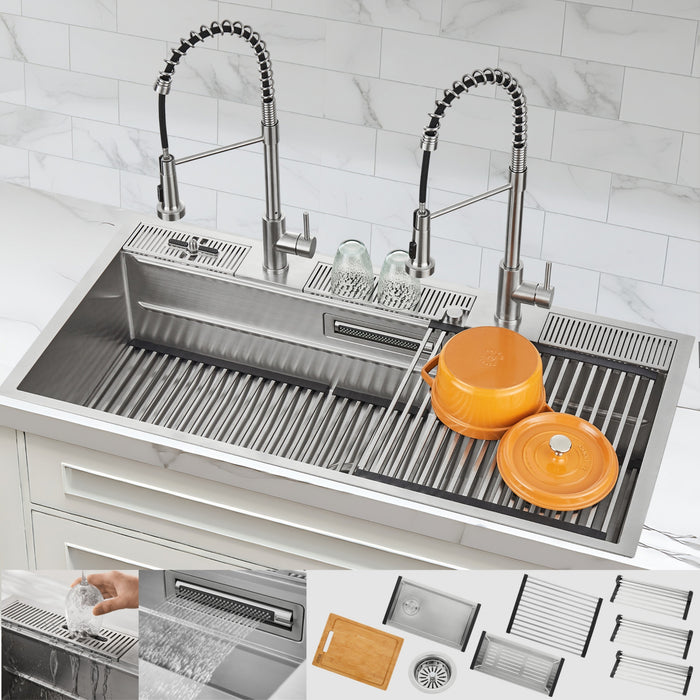 MultiSINK 45 in. Dual Mounted 3-Level Workstation Kitchen Sink, Faucets,Glass Rinser,Stainless Steel- J-WP31 Laundry Combo