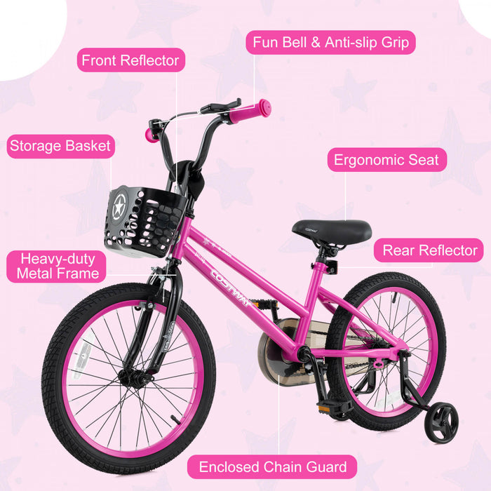 Costway 16\" Kid's Bike With Training Wheels Adjustable Handlebar & Seat Handbrake Pink