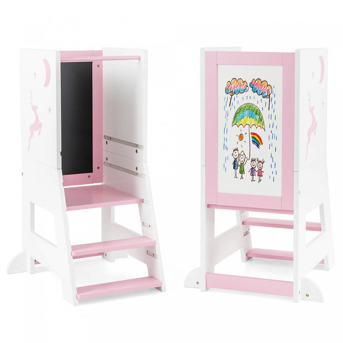 Costway Toddler Kitchen Stool Helper Baby Standing Tower With Chalkboard & Whiteboard Pink