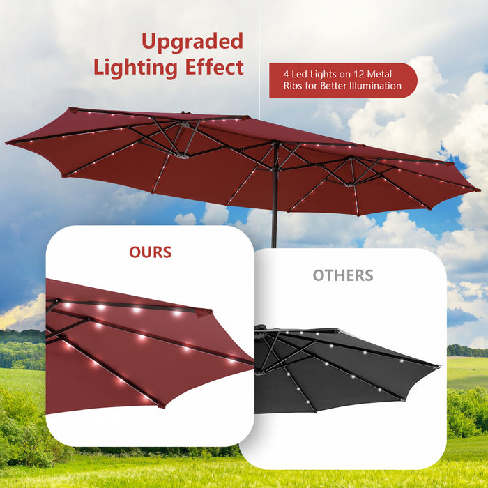 Costway 15FT Twin Patio Double-Sided Umbrella 48 Solar LED Lights Crank Outdoor Wine