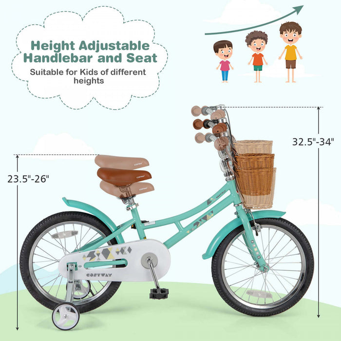 Costway 18\" Kids Bike With Height Adjustable Handlebar Seat Basket Bell Training Wheels Green