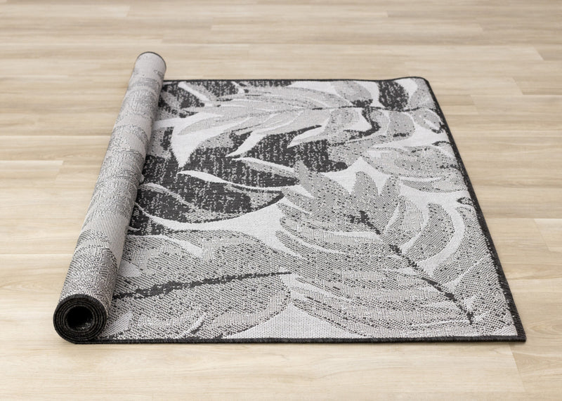 Jackson Grey White Botanical Leaves Rug, 6'7\" x 9'6\" Outdoor Area Rug